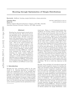 Arxiv:0904.2037V1 [Cs.LG] 14 Apr 2009 Siﬁers and Developed Margin Distribution Based Gen- Boosting Has Been Extensively Studied in the Past Eralization Bounds