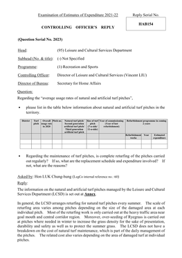 Examination of Estimates of Expenditure 2021-22 Reply Serial No