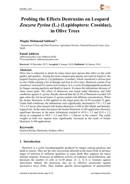 Probing the Effects Destruxins on Leopard Zeuzera Pyrina (L.) (Lepidoptera: Cossidae), in Olive Trees