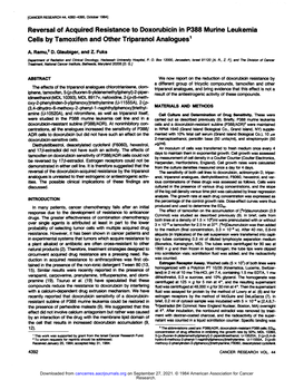 Reversal of Acquired Resistance to Doxorubicin in P388 Murine Leukemia Cells by Tamoxifen and Other Triparanol Analogues1