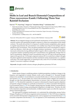 Shifts in Leaf and Branch Elemental Compositions of Pinus Massoniana (Lamb.) Following Three-Year Rainfall Exclusion