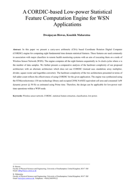 A CORDIC-Based Low-Power Statistical Feature Computation Engine for WSN Applications