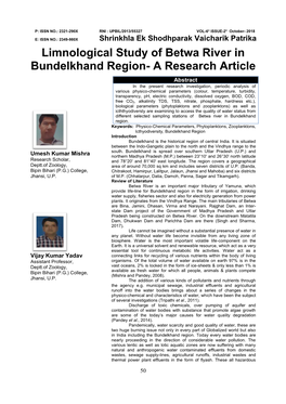 Limnological Study of Betwa River in Bundelkhand Region