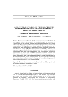 Socio-Cultural Dynamics and Their Relation with the Participatory Development in the Pashtun Tribal Society of Pakistan