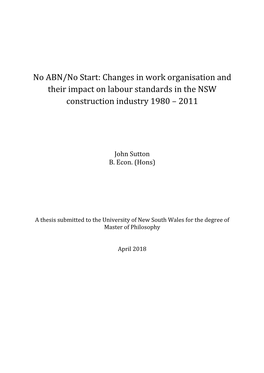 No ABN/No Start: Changes in Work Organisation and Their Impact on Labour Standards in the NSW Construction Industry 1980 – 2011