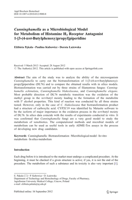 Cunninghamella As a Microbiological Model for Metabolism of Histamine H3 Receptor Antagonist 1-[3-(4-Tert-Butylphenoxy)Propyl]Piperidine