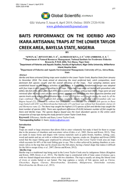 Baits Performance on the Ideribo and Ikara Artisanal Traps at the Lower Taylor Creek Area, Bayelsa State, Nigeria By