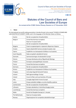 Statutes of the Council of Bars and Law Societies of Europe As Revised at the CCBE Online Plenary Session on 27 November 2020