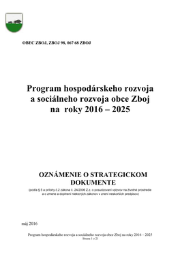 Program Hospodárskeho Rozvoja a Sociálneho Rozvoja Obce Zboj Na Roky 2016 – 2025