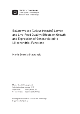 Ballan Wrasse (Labrus Bergylta) Larvae and Live-Feed Quality; Effects on Growth and Expression of Genes Related to Mitochondrial Functions