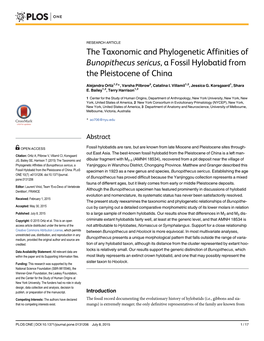 The Taxonomic and Phylogenetic Affinities of Bunopithecus Sericus, a Fossil Hylobatid from the Pleistocene of China