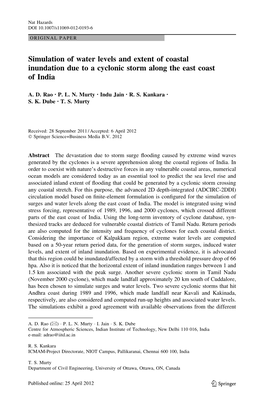 Simulation of Water Levels and Extent of Coastal Inundation Due to a Cyclonic Storm Along the East Coast of India