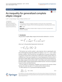 An Inequality for Generalized Complete Elliptic Integral Li Yin1*, Li-Guo Huang1,Yong-Liwang2 and Xiu-Li Lin3