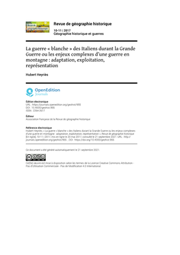 Revue De Géographie Historique, 10-11 | 2017 La Guerre « Blanche » Des Italiens Durant La Grande Guerre Ou Les Enjeux Comp