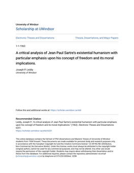 A Critical Analysis of Jean Paul Sartre's Existential Humanism with Particular Emphasis Upon His Concept of Freedom and Its Moral Implications