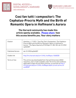 Cosi Fan Tutti I Compositori: the Cephalus-Procris Myth and the Birth of Romantic Opera in Hoffmann's Aurora