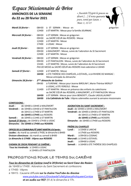 Espace Missionnaire De Brive ANNONCES DE LA SEMAINE « Aussitôt L’Esprit Le Pousse Au Désert […] Il Resta Quarante Du 22 Au 28 Février 2021 Jours, Tenté Par Satan