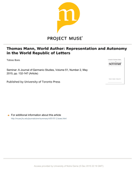 Thomas Mann, World Author: Representation and Autonomy in the World Republic of Letters