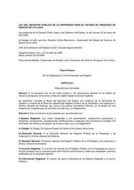 Ley Del Registro Público De La Propiedad Para El Estado De Veracruz De Ignacio De La Llave