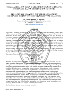 Penamaan Desa Dan Dusun Di Kecamatan Wringin Kabupaten Bondowoso (Kajian Etimologi Dan Semantik)