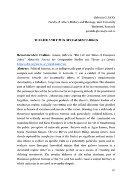 Gabriela GLĂVAN Faculty of Letters, History and Theology, West University Timișoara, Romania Gabriela.Glavan@E-Uvt.Ro the LIFE