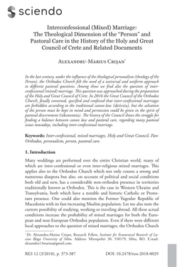 Marriage: the Theological Dimension of the “Person” and Pastoral Care in the History of the Holy and Great Council of Crete and Related Documents