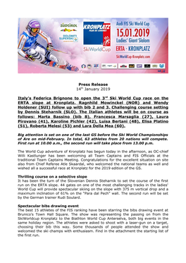 Press Release 14Th January 2019 Italy's Federica Brignone to Open