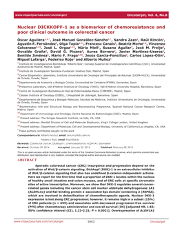 Nuclear DICKKOPF-1 As a Biomarker of Chemoresistance and Poor Clinical Outcome in Colorectal Cancer