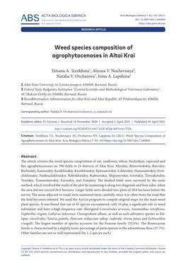 Weed Species Composition of Agrophytocenoses in Altai Krai