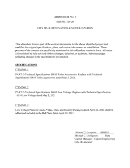 Addendum No. 1 Bid No. 729-20 City Hall Renovation