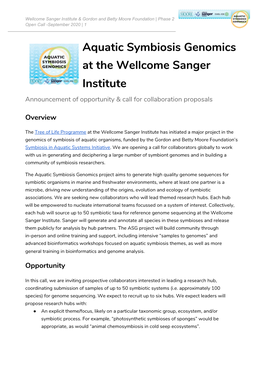 Aquatic Symbiosis Genomics at the Wellcome Sanger Institute Announcement of Opportunity & Call for Collaboration Proposals