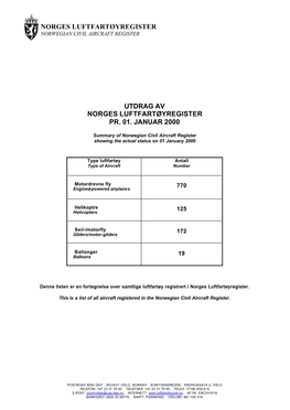 Utdrag Av Norges Luftfartøyregister Pr. 01. Januar 2000