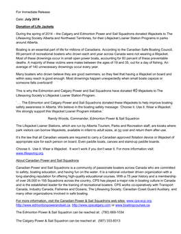 For Immediate Release Date: July 2014 Donation of Life Jackets During the Spring of 2014 – the Calgary and Edmonton Power