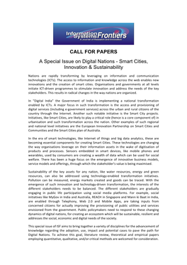 CALL for PAPERS a Special Issue on Digital Nations - Smart Cities, Innovation & Sustainability