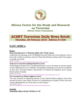 ACSRT Terrorism Daily News Briefs Thursday, 28 February 2018 - Edition N°1426