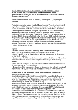 Arctic Lessons on Local Monitoring, Workshop Oct. 2009 Arctic Lessons on Local Monitoring, Workshop 22 Oct