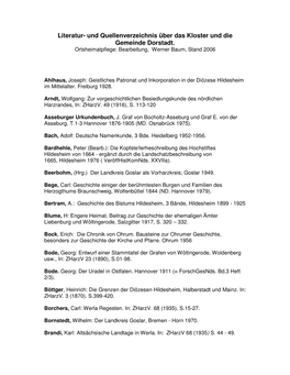 Literatur- Und Quellenverzeichnis Über Das Kloster Und Die Gemeinde Dorstadt. Ortsheimatpflege: Bearbeitung, Werner Baum, Stand 2006