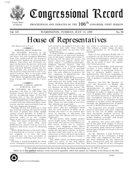 Congressional Record United States Th of America PROCEEDINGS and DEBATES of the 106 CONGRESS, FIRST SESSION