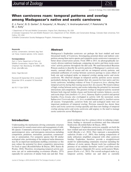 When Carnivores Roam: Temporal Patterns and Overlap Among Madagascar’S Native and Exotic Carnivores Z