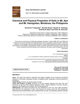 Chemical and Physical Properties of Soils in Mt. Apo and Mt. Hamiguitan, Mindanao, the Philippines