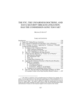 The Ftc, the Unfairness Doctrine, and Data Security Breach Litigation: Has the Commission Gone Too Far?