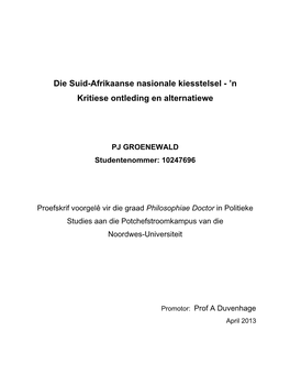 Die Suid-Afrikaanse Nasionale Kiesstelsel - ‟N Kritiese Ontleding En Alternatiewe