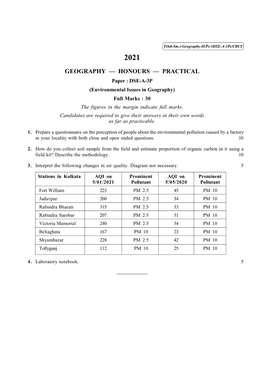 GEOGRAPHY — HONOURS — PRACTICAL Paper : DSE-A-3P (Environmental Issues in Geography) Full Marks : 30 the Figures in the Margin Indicate Full Marks