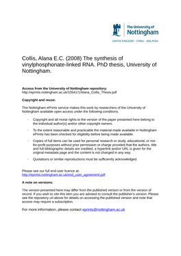 (2008) the Synthesis of Vinylphosphonate-Linked RNA. Phd Thesis, University of Nottingham