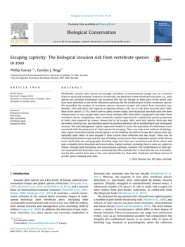 The Biological Invasion Risk from Vertebrate Species in Zoos ⇑ Phillip Cassey A, , Carolyn J