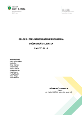 Odlok O Zaključnem Računu Proračuna Občine Hoče-Slivnica Za Leto 2016