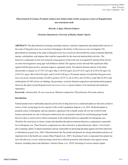 Phytochemical Screening, Proximate Analysis and Antimicrobial Activity of Aqueous Extract of Megaphrynium Macrostachyum Seeds