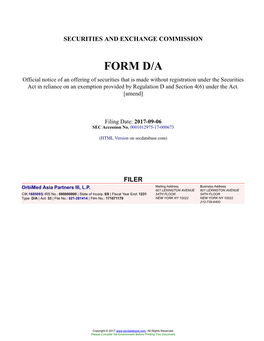 Orbimed Asia Partners III, L.P. Form D/A Filed 2017-09-06