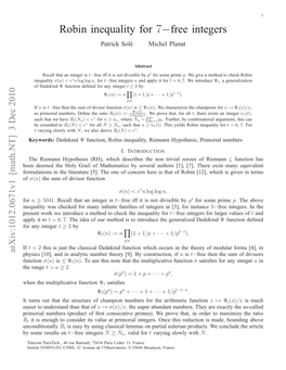 Robin Inequality for 7−Free Integers