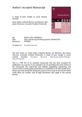 A Study of Poor Insight in Social Anxiety Disorder Paula Vigne, Gabriela Bezerra De Menezes, Ben James Harrison, Leonardo Franklin Fontenelle